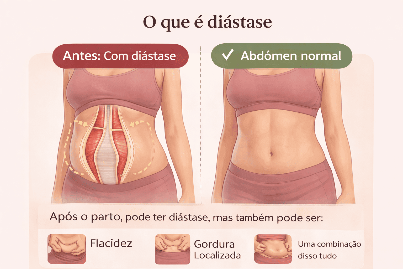 Ilustração comparando uma barriga com aspecto mais estufado e outra com aparência mais organizada após melhora do suporte abdominal